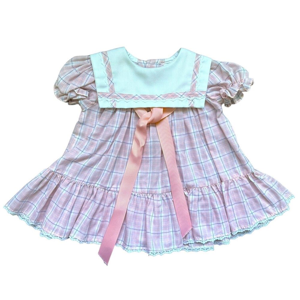 Vintage Peaches N Cream Pink Baby Girl 18 Month Dress Ruffled, Bib Collar, Bow